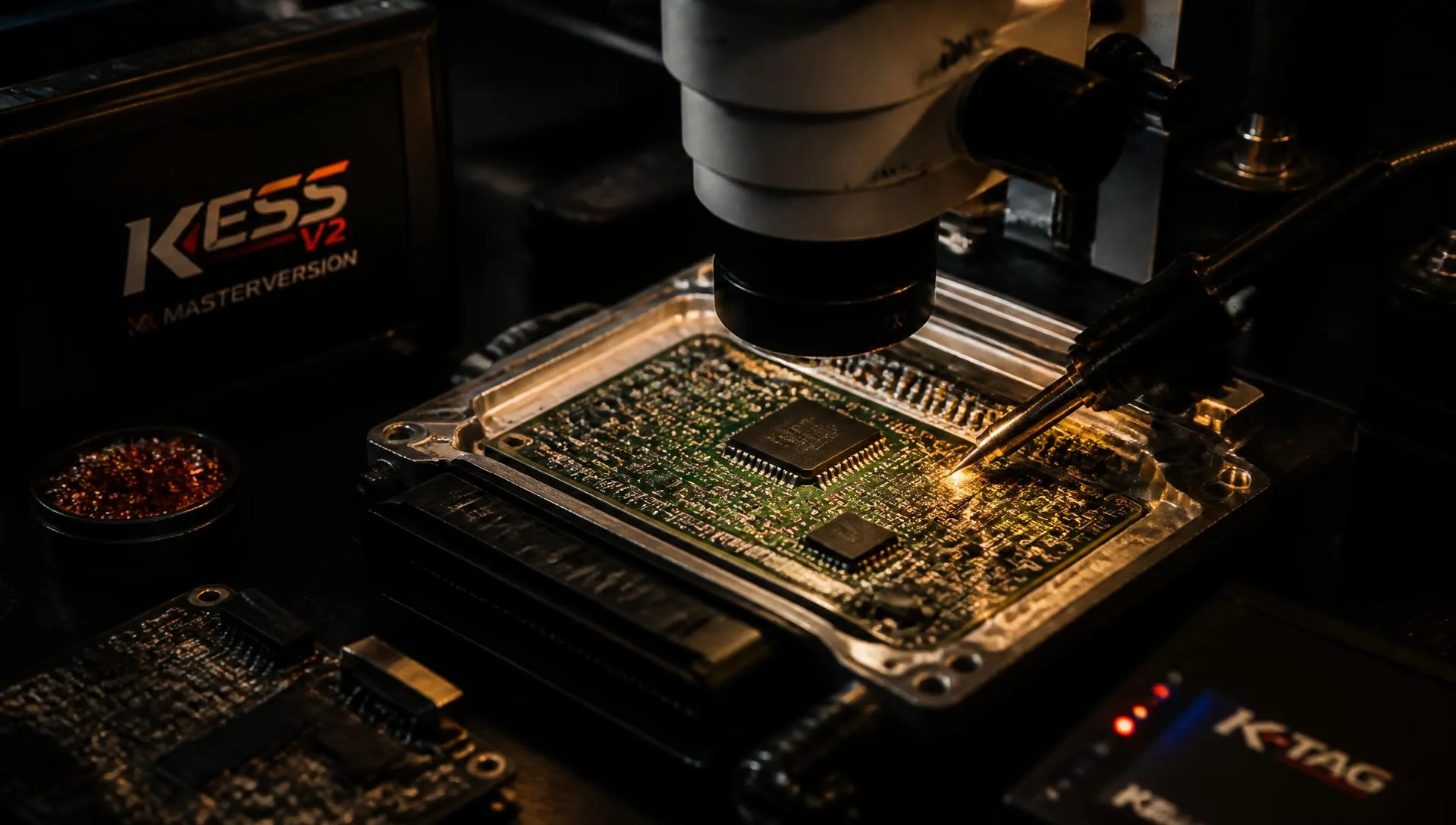 Módulo eletrônico automotivo (ECU) aberto sob microscópio durante reparo de precisão