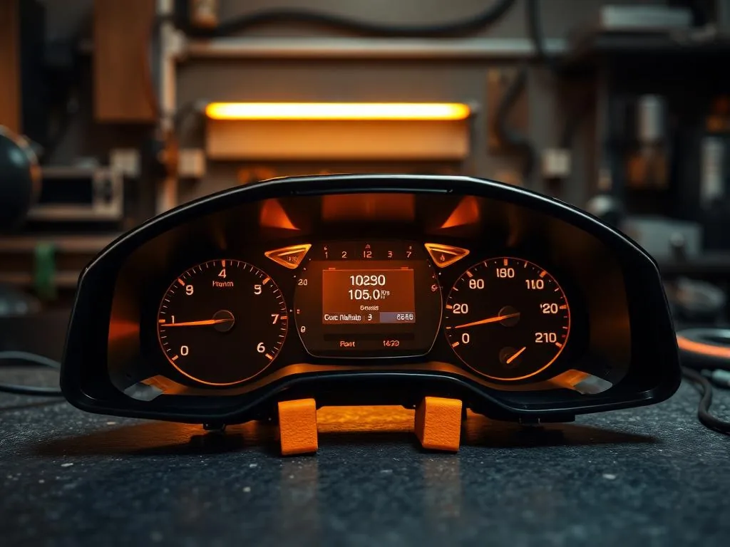 Painel de instrumentos automotivo desmontado sobre bancada de reparo eletrônico