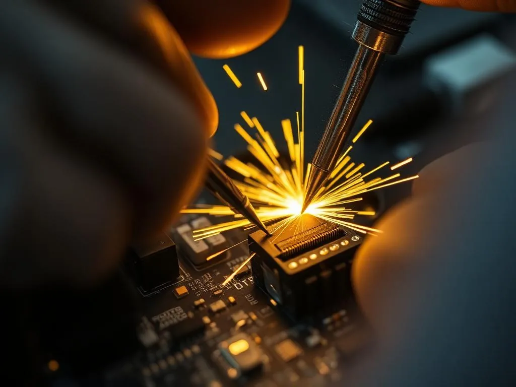 Técnico realizando micro-soldagem em placa de módulo eletrônico automotivo